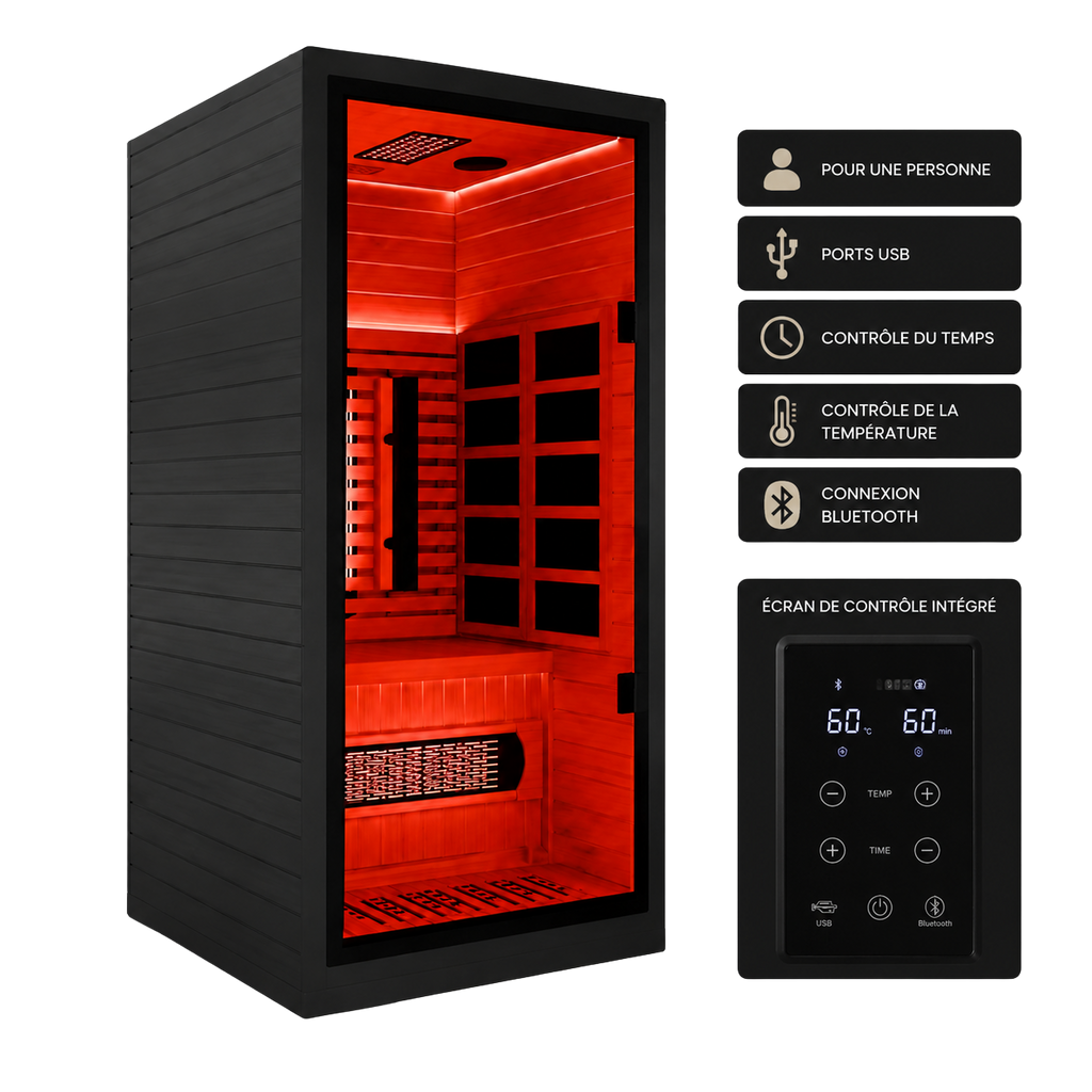 Sauna Infrarouge Solo Nordéva | Cabine 1 Place | Bois de Pruche  | Chromothérapie Rouge | Faible EMF