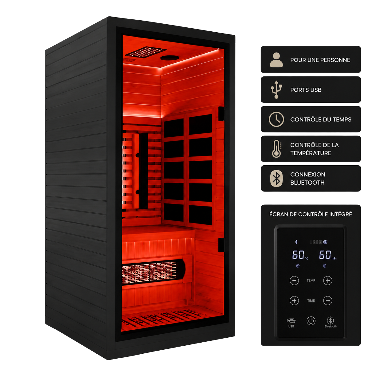 Sauna Infrarouge Solo Nordéva | Cabine 1 Place | Bois de Pruche  | Chromothérapie Rouge | Faible EMF