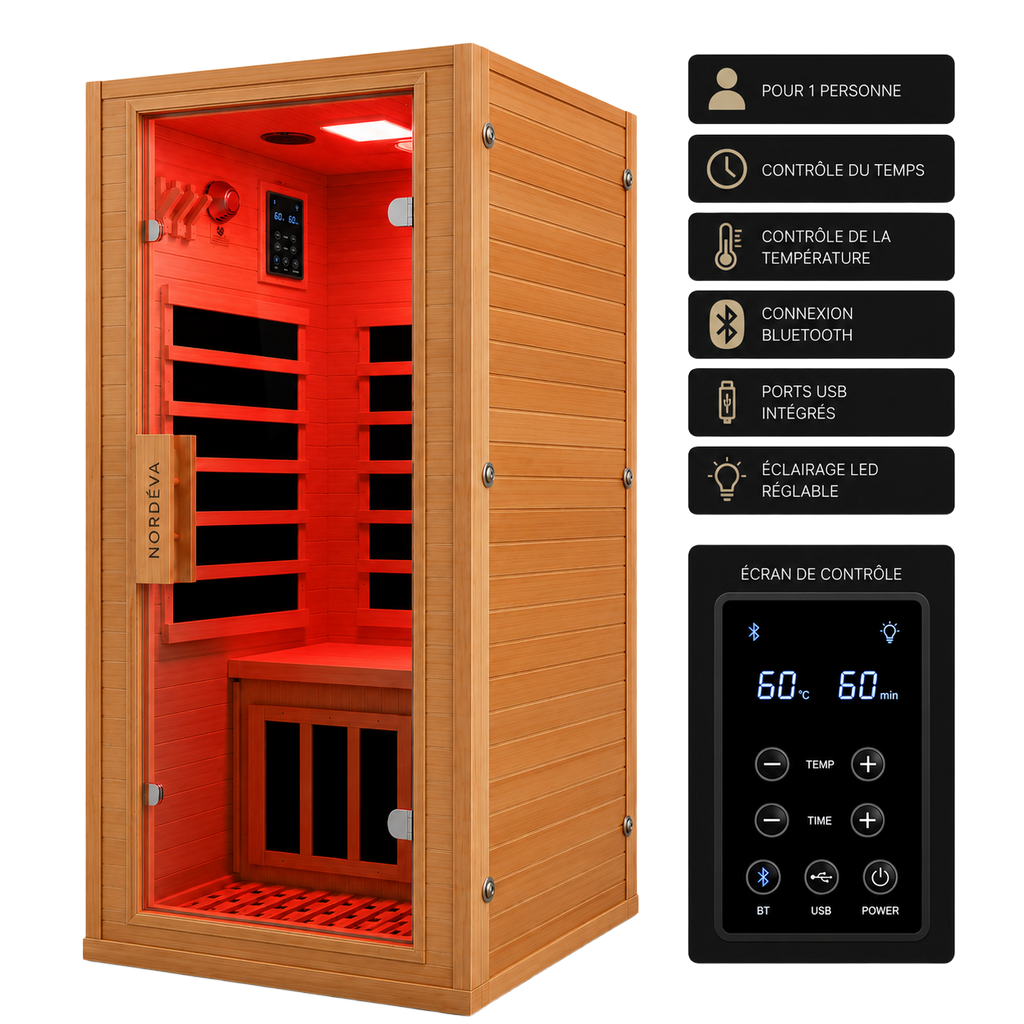 Sauna Infrarouge Solo Nordéva | Bois Clair | 1 Place | Faible EMF | 170 cm