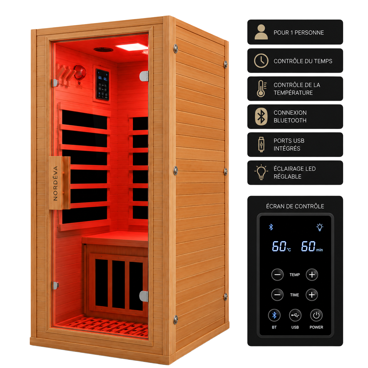 Sauna Infrarouge Solo Nordéva | Bois Clair | 1 Place | Faible EMF | 170 cm